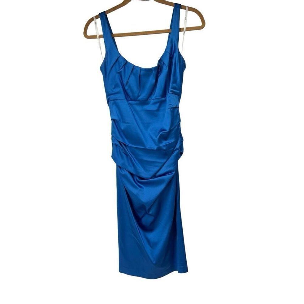 Suzi Chin for Maggy Boutique Blue Satin Ruched Mini Dress Sz 4 Women’s